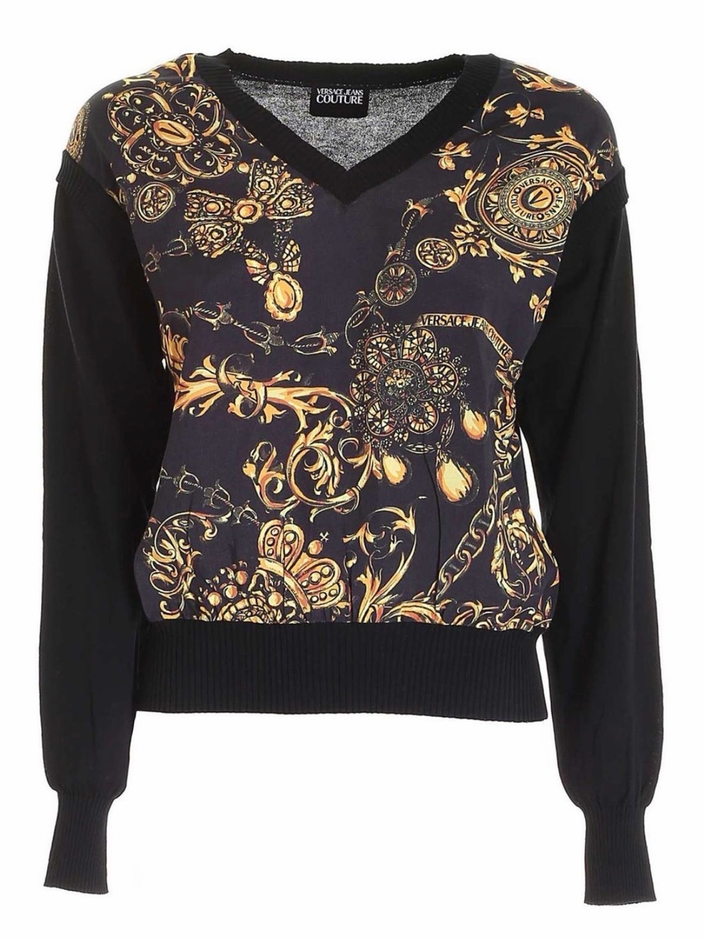 VERSACE Collection Black & Gold Baroque V-Neck Sweater